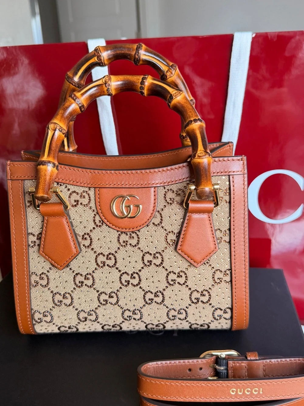 Gucci Tan & Beige GG Bamboo Handle Satchel